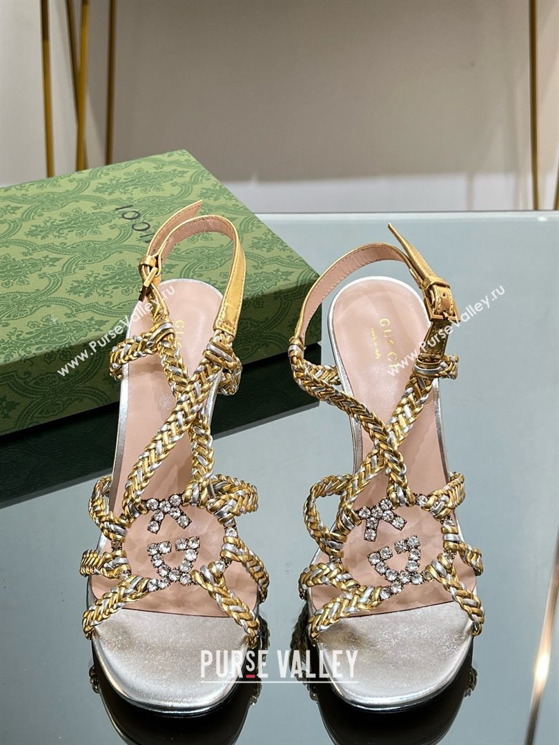 Gucci Isa Leather Heel Sandals 9cm with Crystal Interlocking G Silver/Gold 2025 (MD-25070419)