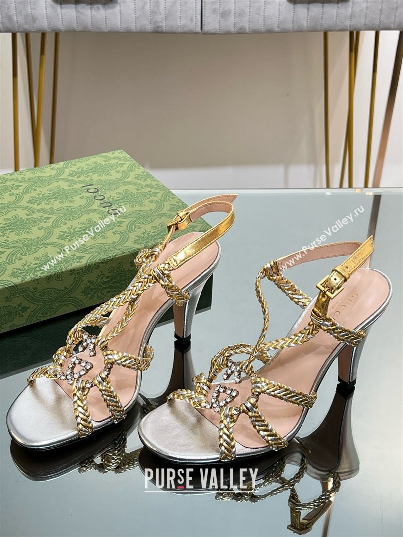 Gucci Isa Leather Heel Sandals 9cm with Crystal Interlocking G Silver/Gold 2025 (MD-25070419)