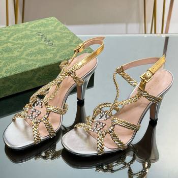 Gucci Isa Leather Heel Sandals 9cm with Crystal Interlocking G Silver/Gold 2025 (MD-25070419)