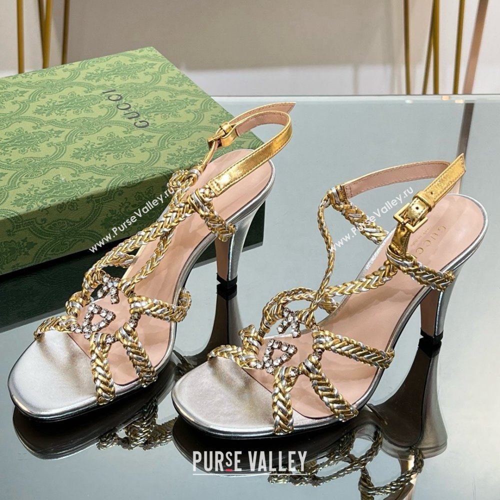 Gucci Isa Leather Heel Sandals 9cm with Crystal Interlocking G Silver/Gold 2025 (MD-25070419)