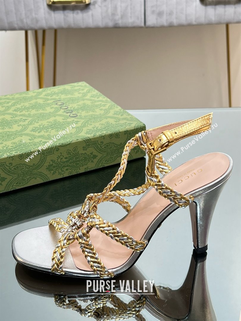Gucci Isa Leather Heel Sandals 9cm with Crystal Interlocking G Silver/Gold 2025 (MD-25070419)