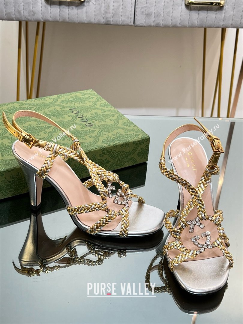 Gucci Isa Leather Heel Sandals 9cm with Crystal Interlocking G Silver/Gold 2025 (MD-25070419)