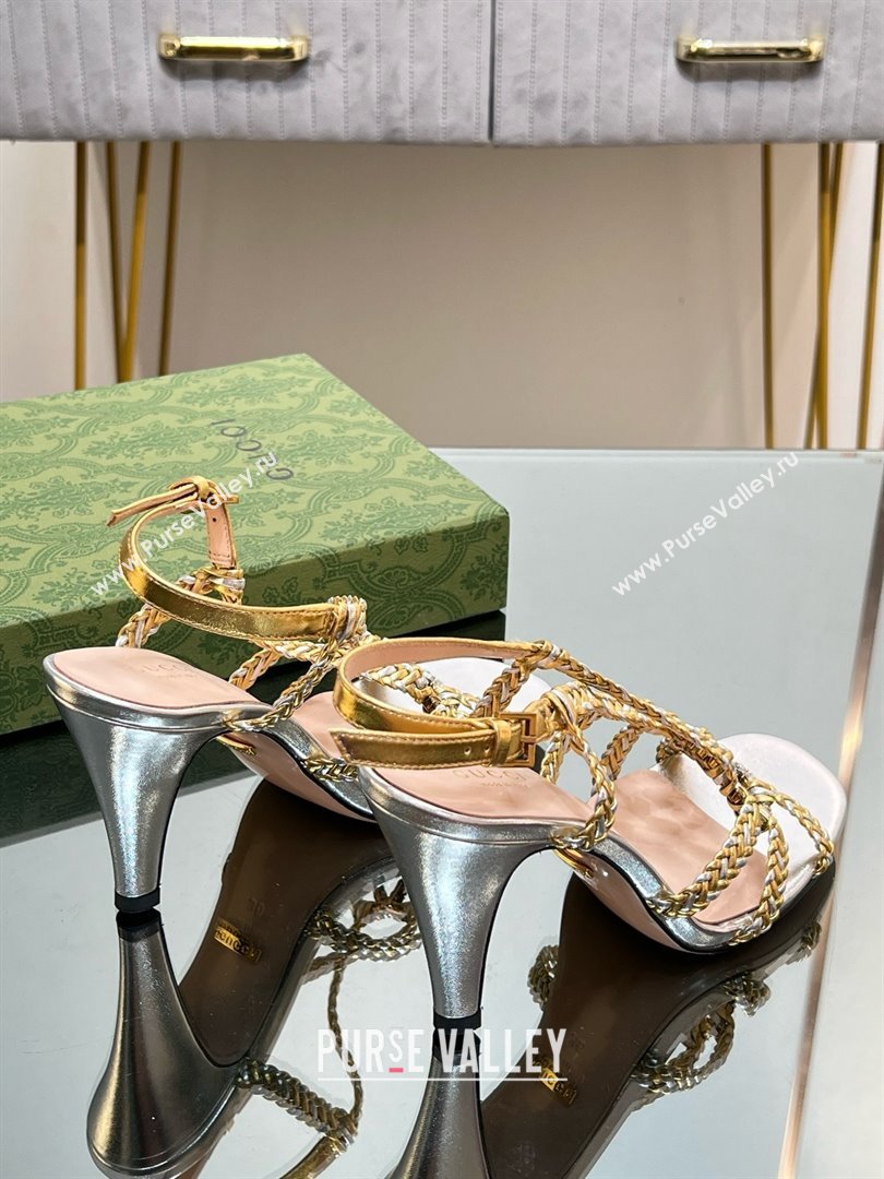 Gucci Isa Leather Heel Sandals 9cm with Crystal Interlocking G Silver/Gold 2025 (MD-25070419)