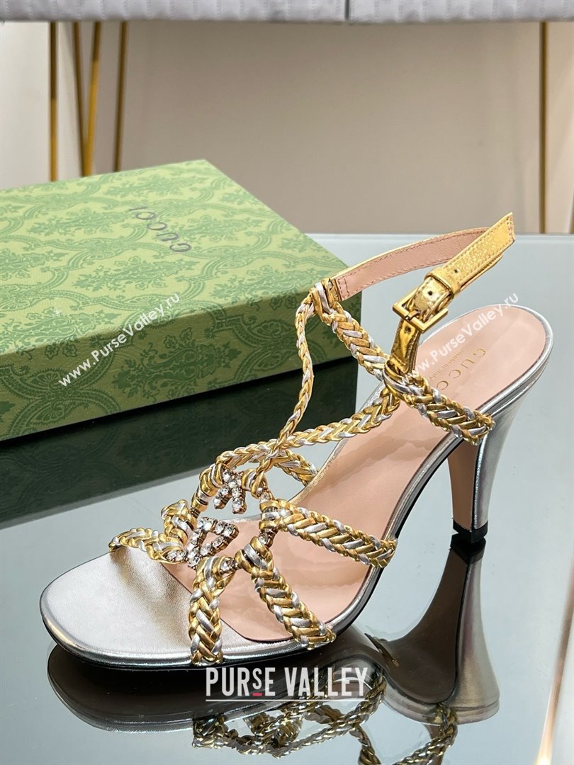 Gucci Isa Leather Heel Sandals 9cm with Crystal Interlocking G Silver/Gold 2025 (MD-25070419)