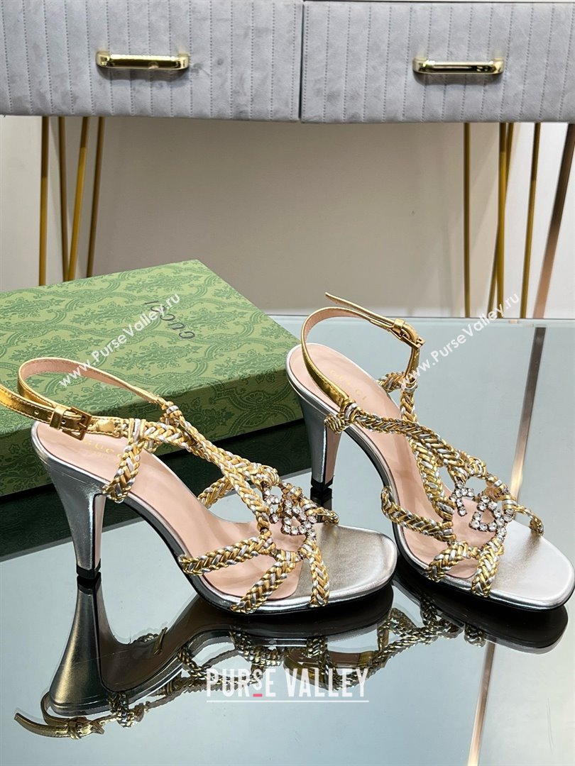 Gucci Isa Leather Heel Sandals 9cm with Crystal Interlocking G Silver/Gold 2025 (MD-25070419)