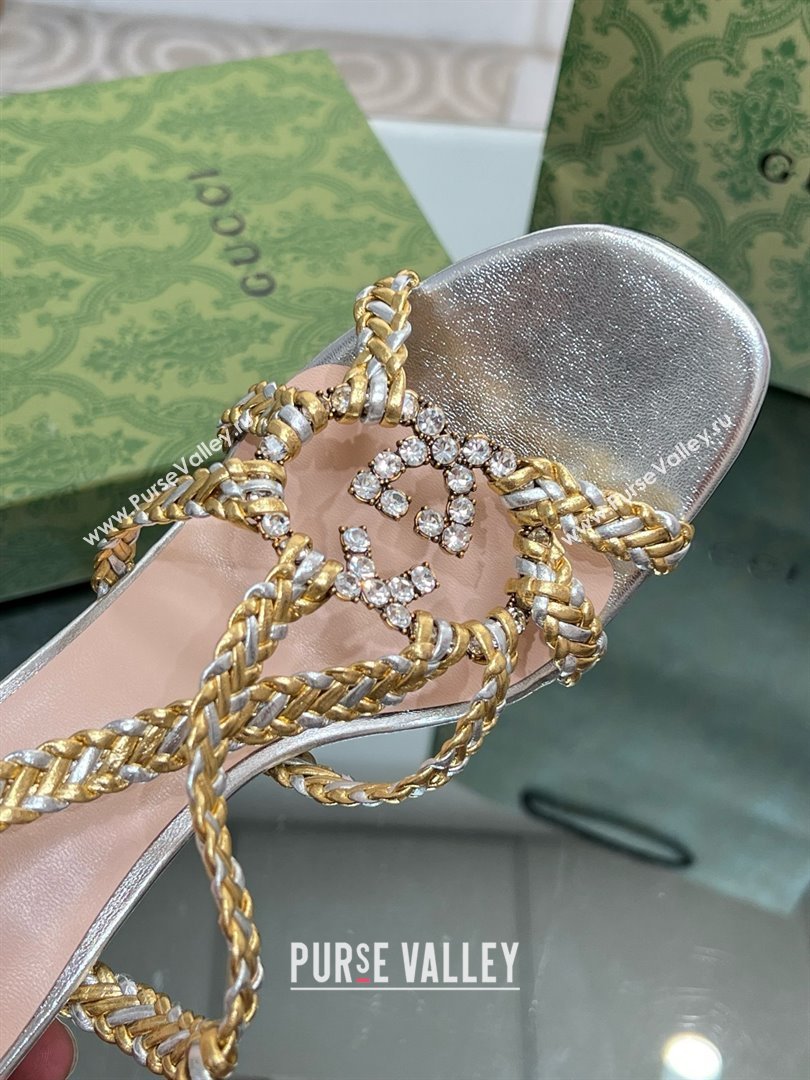 Gucci Isa Leather Heel Sandals 9cm with Crystal Interlocking G Silver/Gold 2025 (MD-25070419)