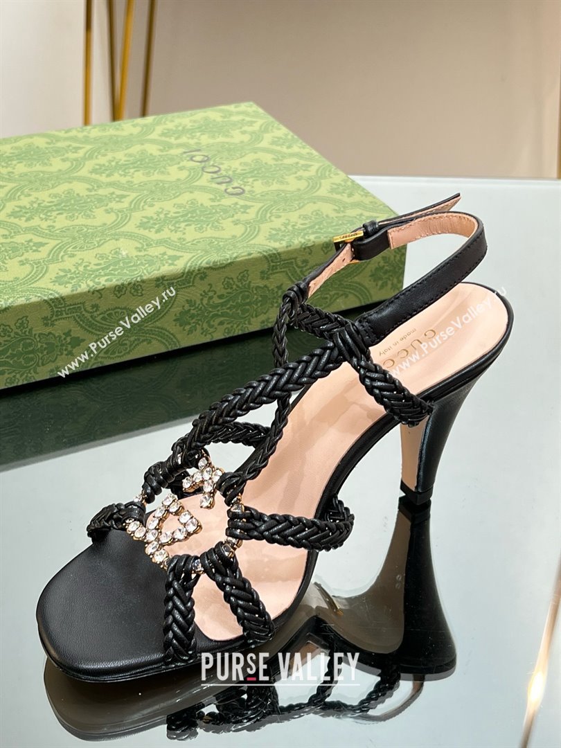 Gucci Isa Leather Heel Sandals 9cm with Crystal Interlocking G Black 2025 (MD-25070420)