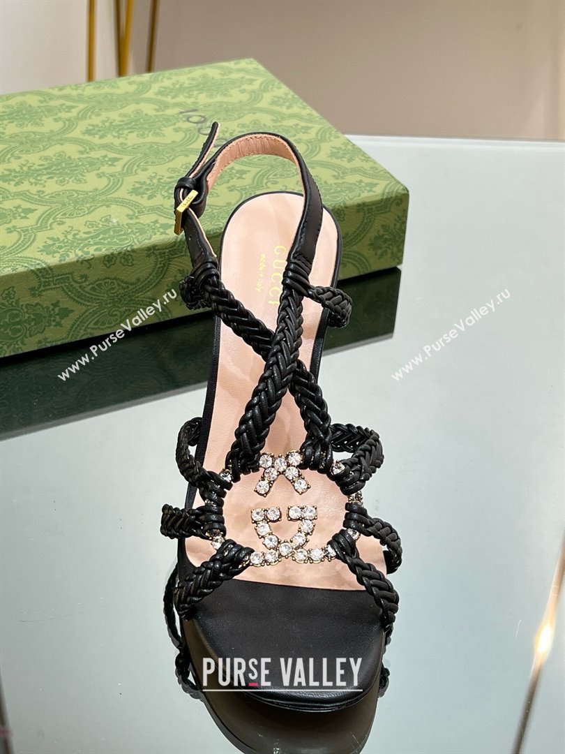 Gucci Isa Leather Heel Sandals 9cm with Crystal Interlocking G Black 2025 (MD-25070420)