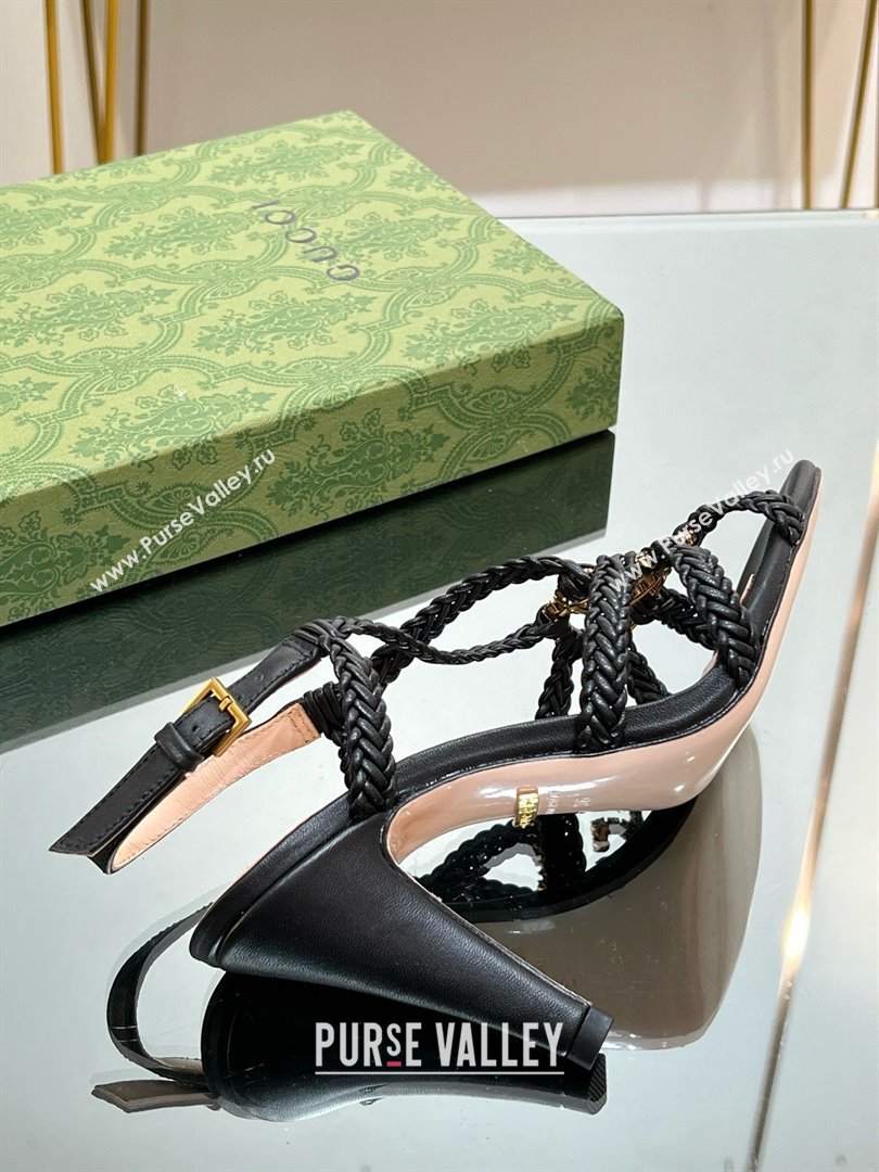 Gucci Isa Leather Heel Sandals 9cm with Crystal Interlocking G Black 2025 (MD-25070420)