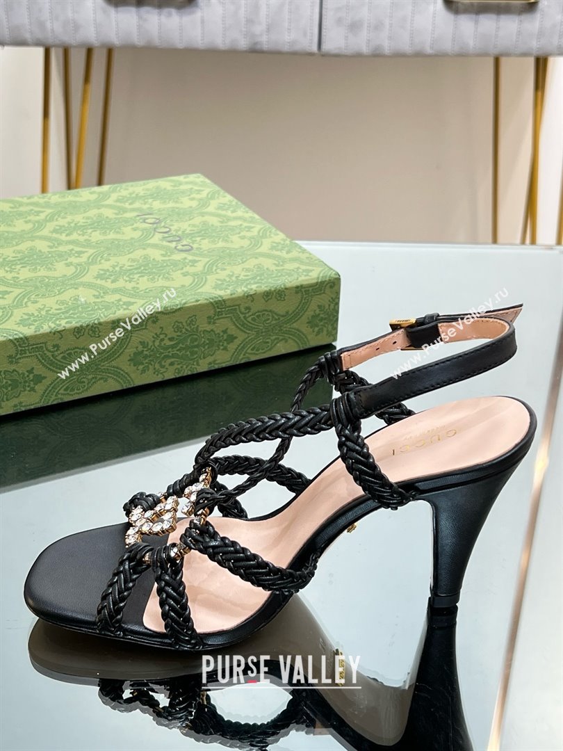 Gucci Isa Leather Heel Sandals 9cm with Crystal Interlocking G Black 2025 (MD-25070420)