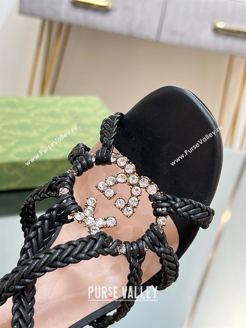 Gucci Isa Leather Heel Sandals 9cm with Crystal Interlocking G Black 2025 (MD-25070420)
