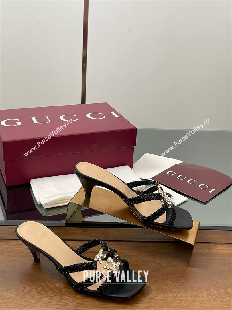 Gucci Isa Leather Heel Slide Sandals 4.5cm with Crystal Interlocking G Black 2025 (MD-25070421)