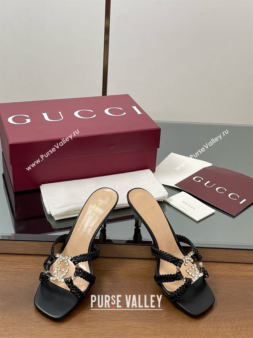 Gucci Isa Leather Heel Slide Sandals 4.5cm with Crystal Interlocking G Black 2025 (MD-25070421)