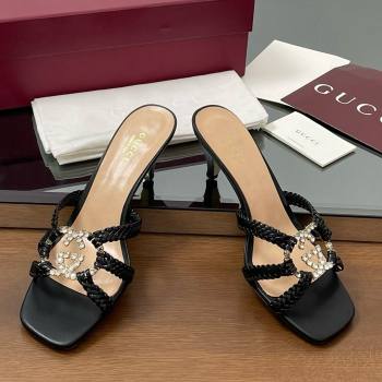 Gucci Isa Leather Heel Slide Sandals 4.5cm with Crystal Interlocking G Black 2025 (MD-25070421)