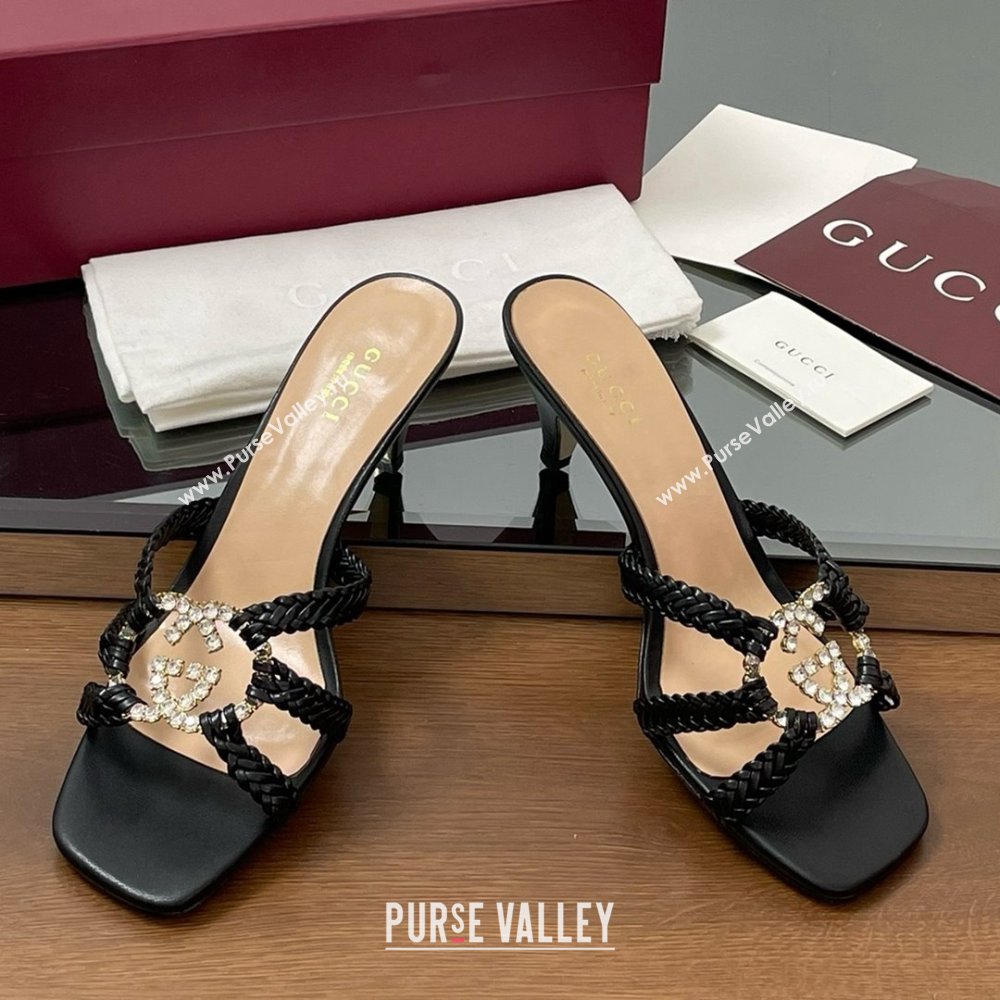 Gucci Isa Leather Heel Slide Sandals 4.5cm with Crystal Interlocking G Black 2025 (MD-25070421)