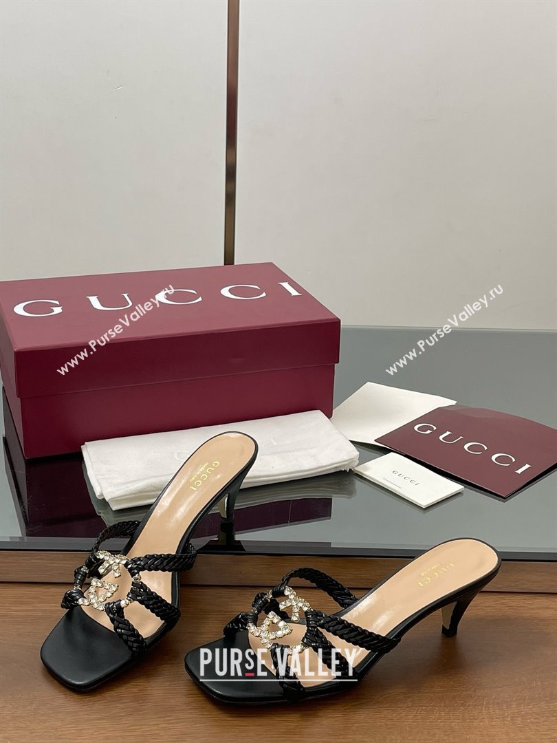 Gucci Isa Leather Heel Slide Sandals 4.5cm with Crystal Interlocking G Black 2025 (MD-25070421)