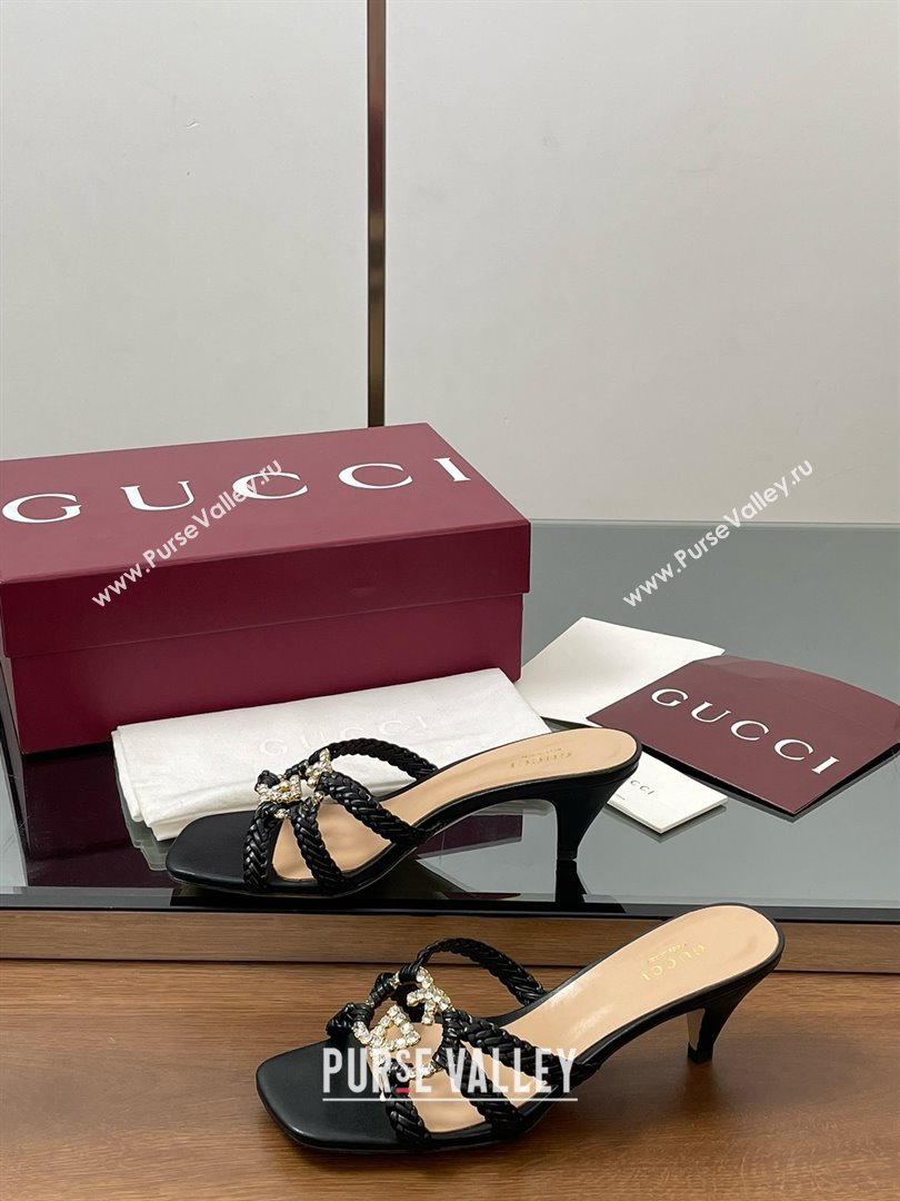 Gucci Isa Leather Heel Slide Sandals 4.5cm with Crystal Interlocking G Black 2025 (MD-25070421)