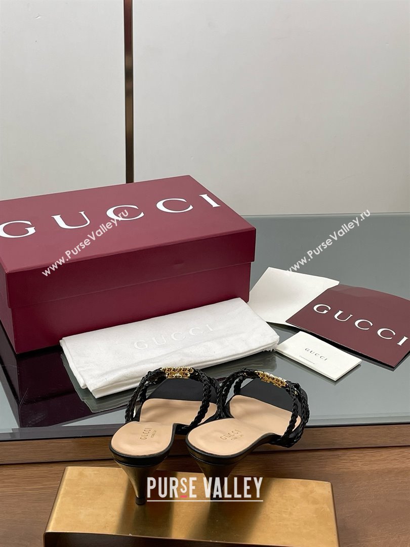 Gucci Isa Leather Heel Slide Sandals 4.5cm with Crystal Interlocking G Black 2025 (MD-25070421)