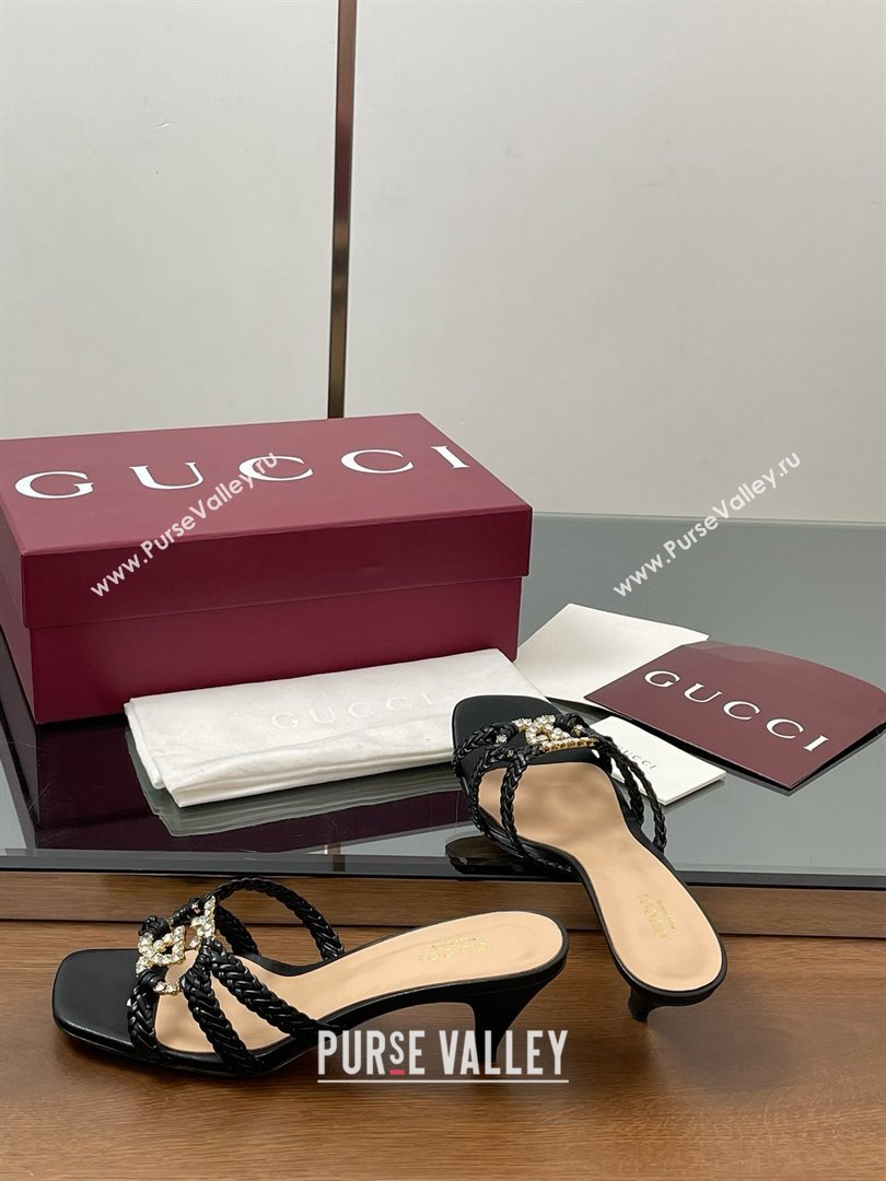 Gucci Isa Leather Heel Slide Sandals 4.5cm with Crystal Interlocking G Black 2025 (MD-25070421)