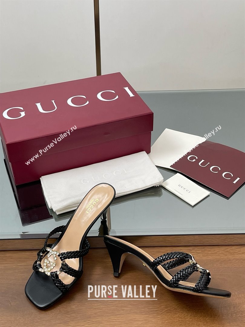 Gucci Isa Leather Heel Slide Sandals 4.5cm with Crystal Interlocking G Black 2025 (MD-25070421)