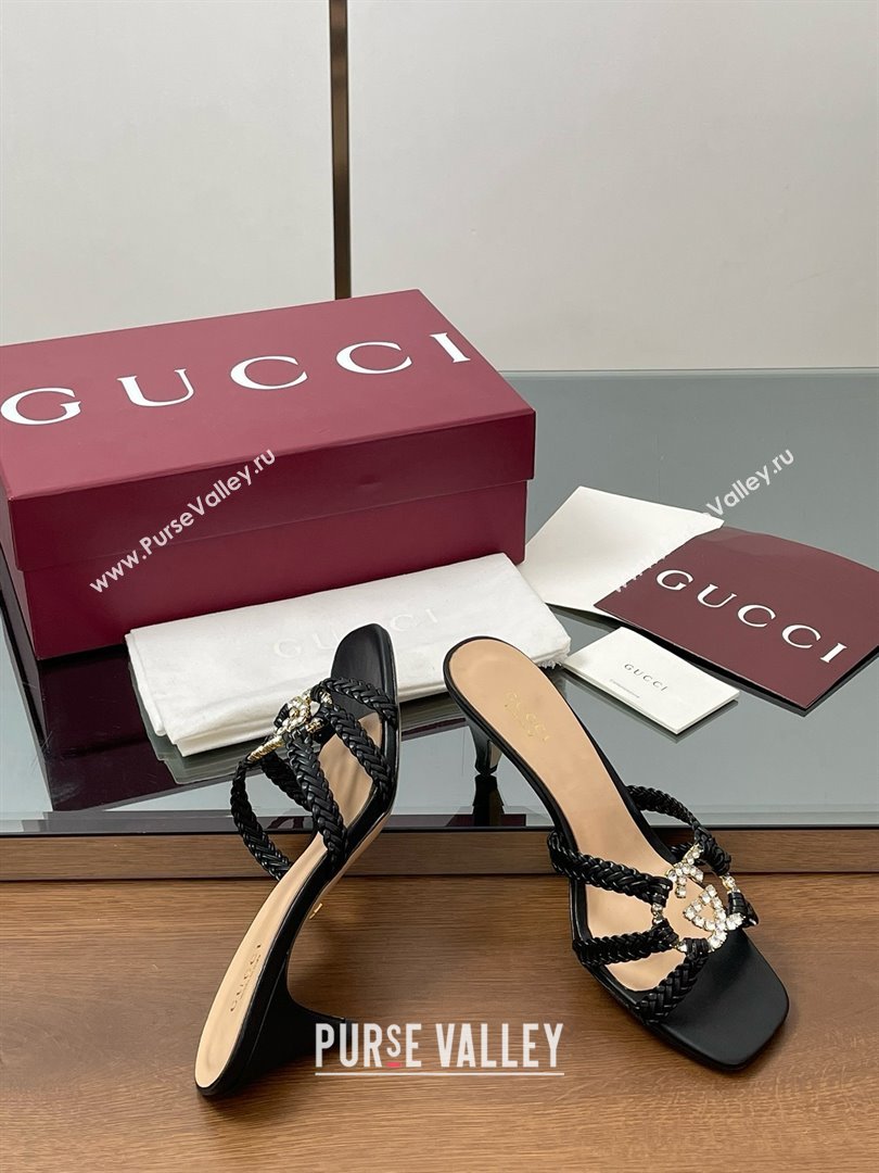 Gucci Isa Leather Heel Slide Sandals 4.5cm with Crystal Interlocking G Black 2025 (MD-25070421)