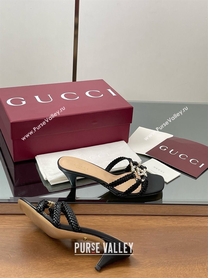 Gucci Isa Leather Heel Slide Sandals 4.5cm with Crystal Interlocking G Black 2025 (MD-25070421)