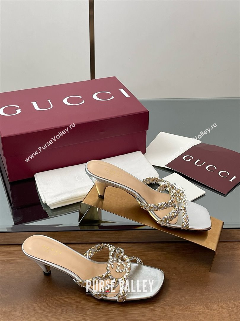 Gucci Isa Leather Heel Slide Sandals 4.5cm with Crystal Interlocking G Gold/Silver 2025 (MD-25070422)