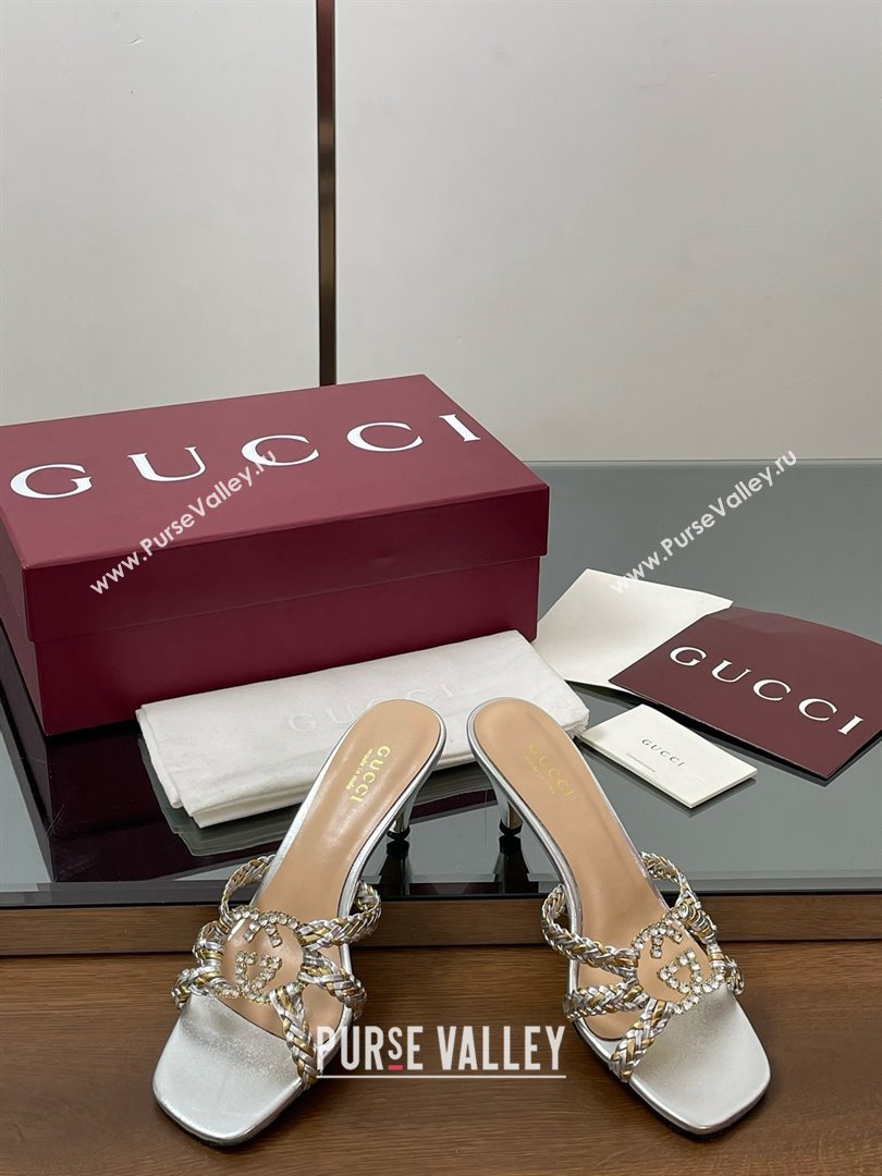 Gucci Isa Leather Heel Slide Sandals 4.5cm with Crystal Interlocking G Gold/Silver 2025 (MD-25070422)