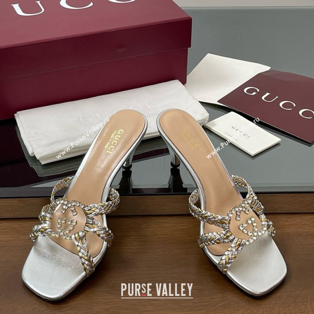 Gucci Isa Leather Heel Slide Sandals 4.5cm with Crystal Interlocking G Gold/Silver 2025 (MD-25070422)