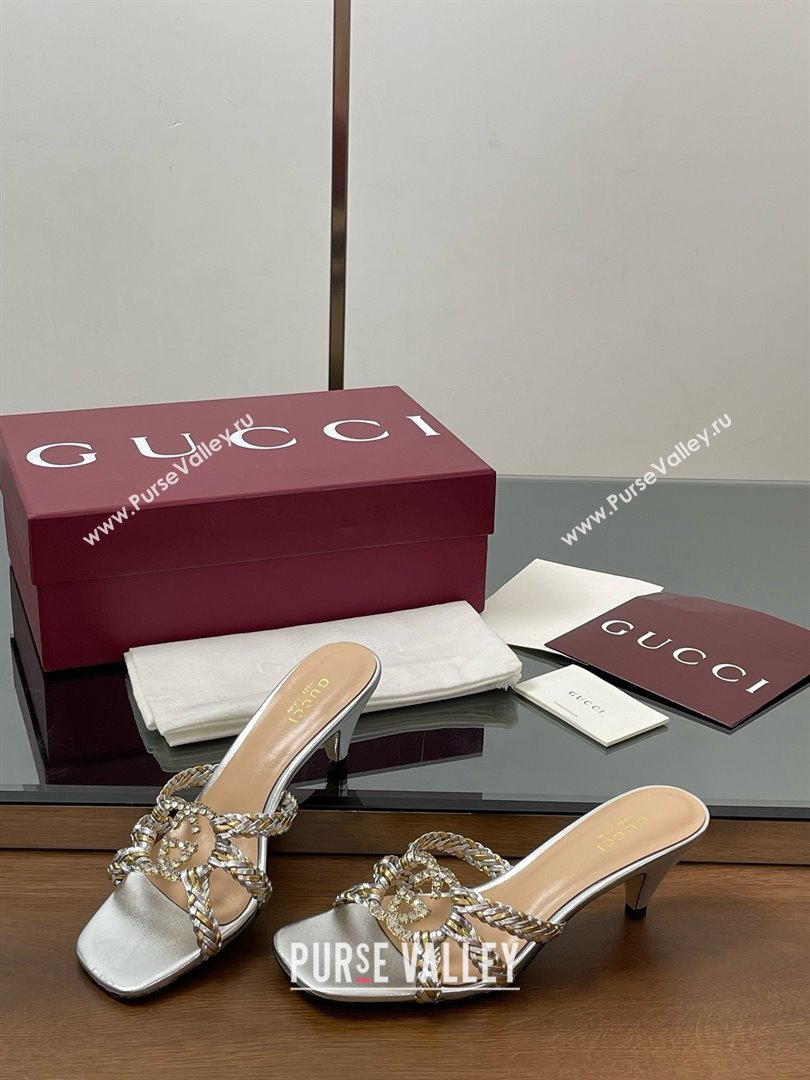 Gucci Isa Leather Heel Slide Sandals 4.5cm with Crystal Interlocking G Gold/Silver 2025 (MD-25070422)