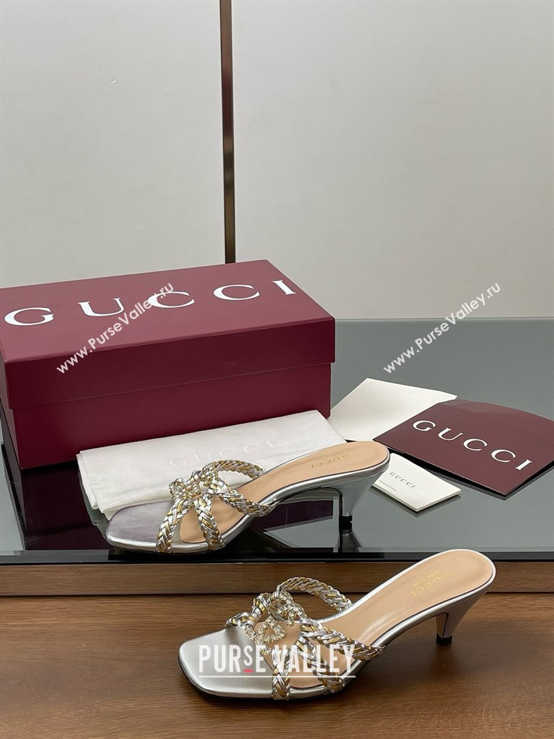 Gucci Isa Leather Heel Slide Sandals 4.5cm with Crystal Interlocking G Gold/Silver 2025 (MD-25070422)