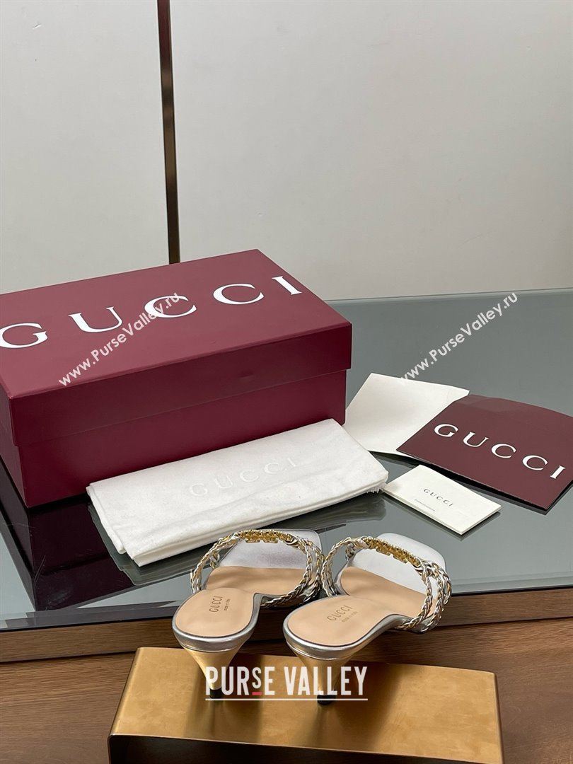 Gucci Isa Leather Heel Slide Sandals 4.5cm with Crystal Interlocking G Gold/Silver 2025 (MD-25070422)