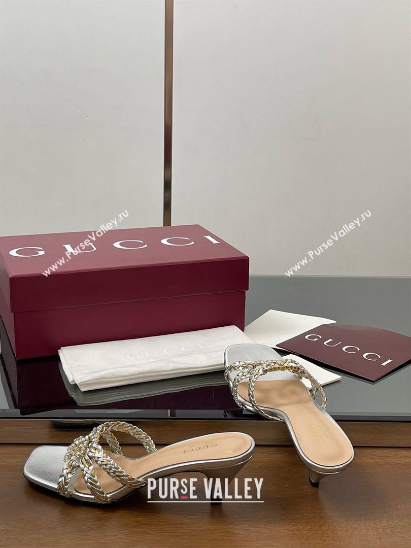 Gucci Isa Leather Heel Slide Sandals 4.5cm with Crystal Interlocking G Gold/Silver 2025 (MD-25070422)
