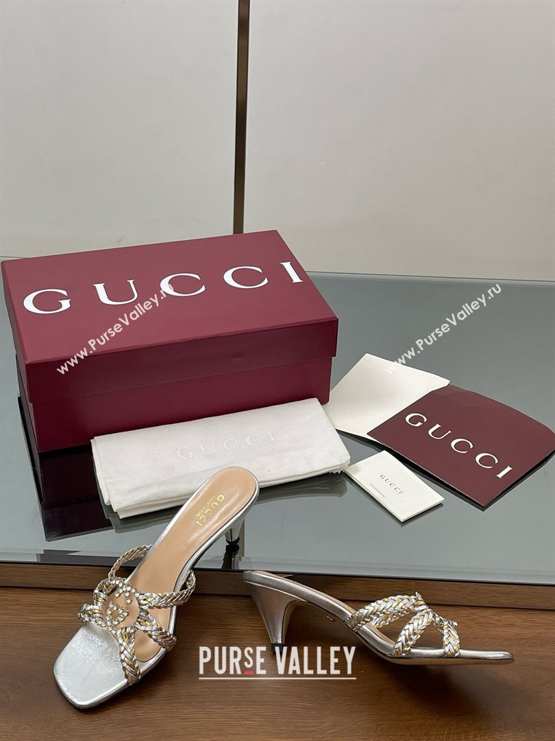 Gucci Isa Leather Heel Slide Sandals 4.5cm with Crystal Interlocking G Gold/Silver 2025 (MD-25070422)