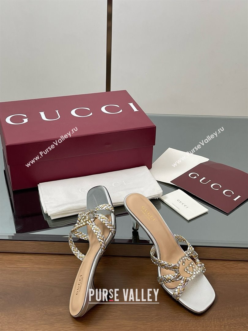 Gucci Isa Leather Heel Slide Sandals 4.5cm with Crystal Interlocking G Gold/Silver 2025 (MD-25070422)