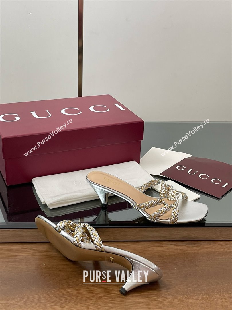 Gucci Isa Leather Heel Slide Sandals 4.5cm with Crystal Interlocking G Gold/Silver 2025 (MD-25070422)