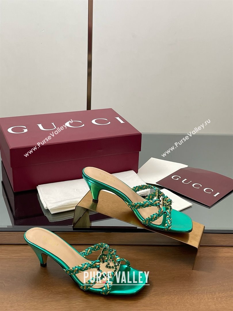 Gucci Isa Leather Heel Slide Sandals 4.5cm with Crystal Interlocking G Gold/Green 2025 (MD-25070423)