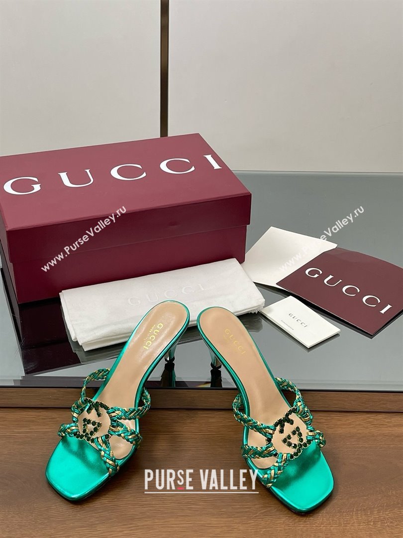 Gucci Isa Leather Heel Slide Sandals 4.5cm with Crystal Interlocking G Gold/Green 2025 (MD-25070423)