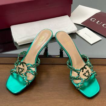Gucci Isa Leather Heel Slide Sandals 4.5cm with Crystal Interlocking G Gold/Green 2025 (MD-25070423)