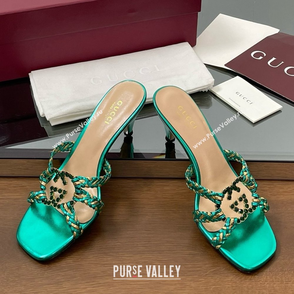 Gucci Isa Leather Heel Slide Sandals 4.5cm with Crystal Interlocking G Gold/Green 2025 (MD-25070423)