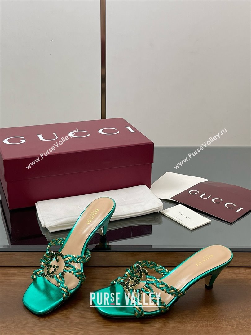 Gucci Isa Leather Heel Slide Sandals 4.5cm with Crystal Interlocking G Gold/Green 2025 (MD-25070423)
