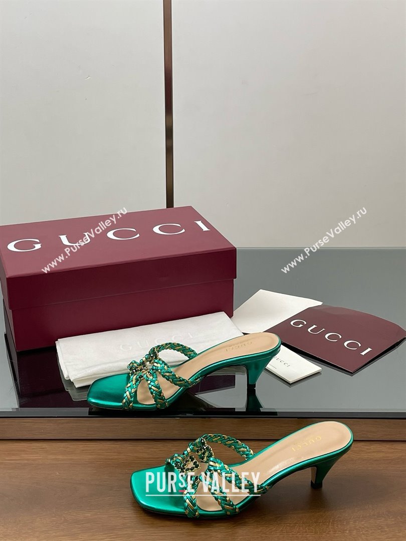 Gucci Isa Leather Heel Slide Sandals 4.5cm with Crystal Interlocking G Gold/Green 2025 (MD-25070423)