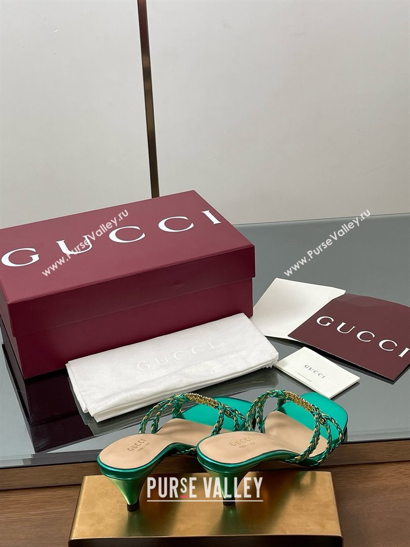 Gucci Isa Leather Heel Slide Sandals 4.5cm with Crystal Interlocking G Gold/Green 2025 (MD-25070423)