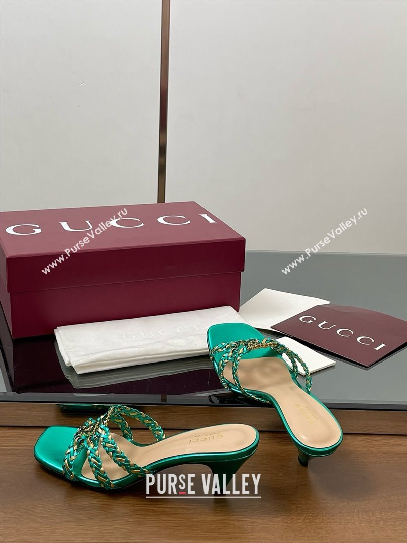 Gucci Isa Leather Heel Slide Sandals 4.5cm with Crystal Interlocking G Gold/Green 2025 (MD-25070423)