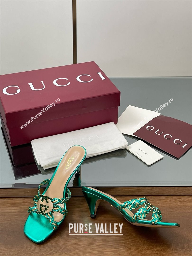 Gucci Isa Leather Heel Slide Sandals 4.5cm with Crystal Interlocking G Gold/Green 2025 (MD-25070423)