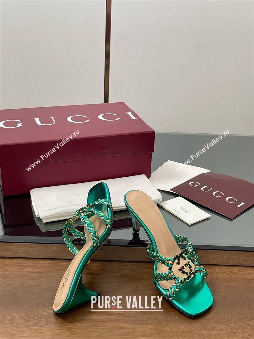 Gucci Isa Leather Heel Slide Sandals 4.5cm with Crystal Interlocking G Gold/Green 2025 (MD-25070423)