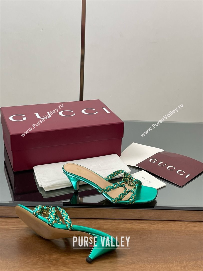 Gucci Isa Leather Heel Slide Sandals 4.5cm with Crystal Interlocking G Gold/Green 2025 (MD-25070423)