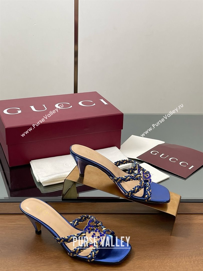 Gucci Isa Leather Heel Slide Sandals 4.5cm with Crystal Interlocking G Gold/Blue 2025 (MD-25070424)