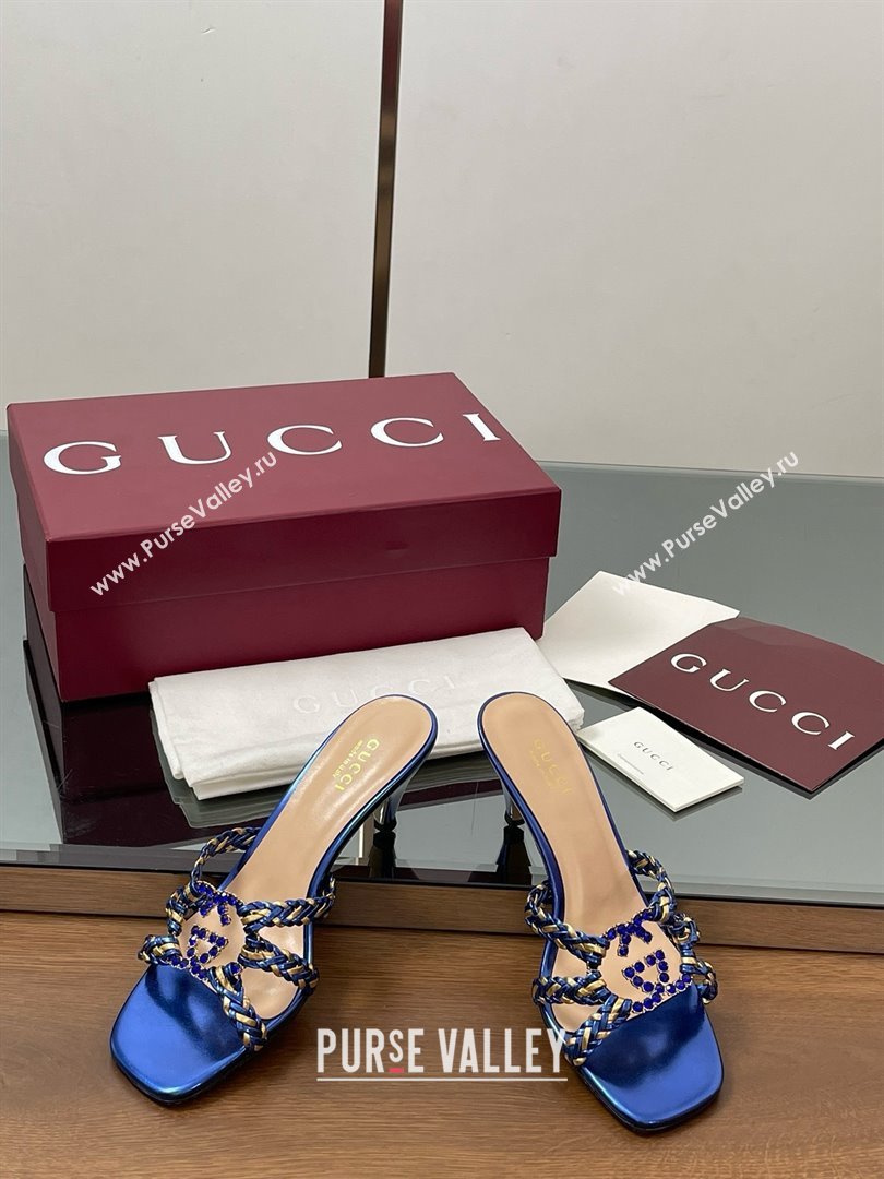 Gucci Isa Leather Heel Slide Sandals 4.5cm with Crystal Interlocking G Gold/Blue 2025 (MD-25070424)