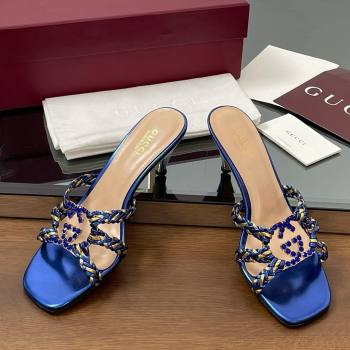 Gucci Isa Leather Heel Slide Sandals 4.5cm with Crystal Interlocking G Gold/Blue 2025 (MD-25070424)